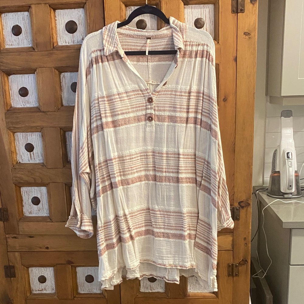 Free People boho Beach Striped Button-Up Tunic Top XL